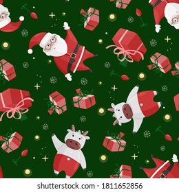 Cute Santa Claus seamless pattern. Colorful Christmas background.