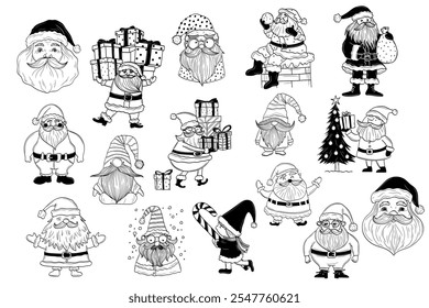 Cute Santa Claus Set. Black and White Hand-Drawn Christmas Illustrations