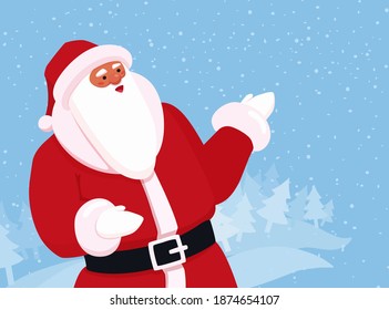 The cute Santa Claus showing something by his hand. Winter forest landscape in the background. A template with copy space for text. A vector cartoon illustration.