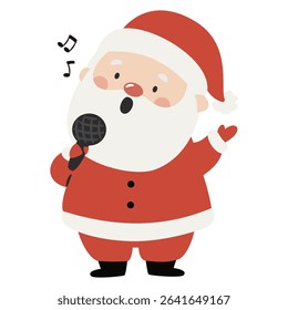 Cute Santa Claus singing into a microphone. Flat vector illustration on white background in simple child style