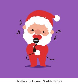 Cute Santa Claus singing karaoke vector cartoon character.