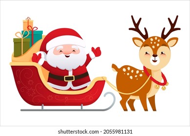 Cute Santa Claus is sitting in a sleigh pulled by a reindeer. Vector illustration in cartoon style isolated on white background