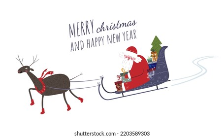 Cute Santa Claus sitting in sleigh with reindeer. Santa claus is carrying gifts for children. Merry Christmas.