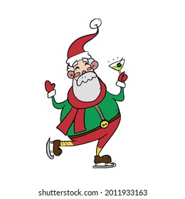 Cute Santa Claus is skating with a cocktail. children's vector illustration on a white isolated background for banners.