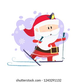 Cute Santa Claus skiing. Christmas design element. For greeting cards, leaflets, brochures, invitations, posters or banners.