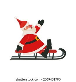 Cute Santa Claus sledding on sleigh vector icon. Father Christmas on sledge background. Funny Santa Claus slides on sled cartoon illustration. Invitation to sleigh in Christmas Winter Holiday template