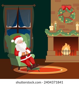 Cute Santa Claus sleeping on armchair after delivering the presents near fireplace. Flat cartoon style vector illustration. For Christmas cards. Holiday cartoon character