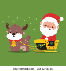 Cute Santa Claus in sleigh with reindeer vector cartoon character.