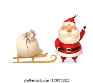 Cute Santa Claus with sleight and gift bag - vector illustration isolated on transparent background