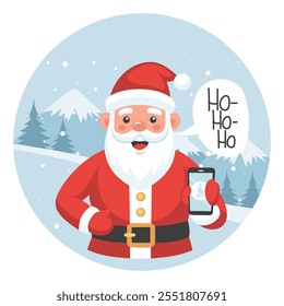 Cute Santa Claus with a smartphone in his hand against the background of a winter landscape. Christmas illustration in a flat style.