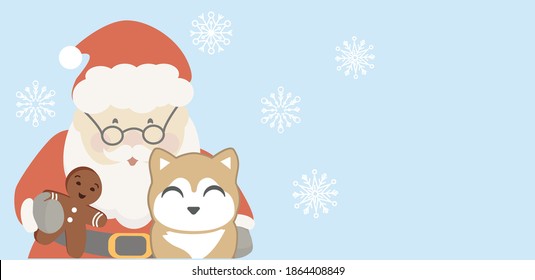 Cute Santa Claus with smiling dog with copy space for text. Vector cartoon illustration.