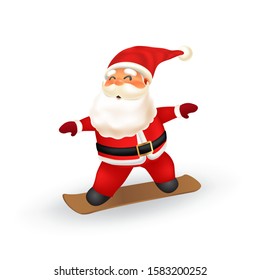 Cute santa claus snowboarding. vector illustration for celebrate christmas and happy new year. winter sport outdoor activity can use for greeting card, banner, background