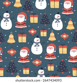 Cute Santa Claus, snowman, bell, tree, ornament, gift box, and snow on dark background. Holiday seamless pattern design. Vector.