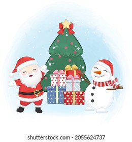 Cute Santa claus and snowman in Christmas season illustration