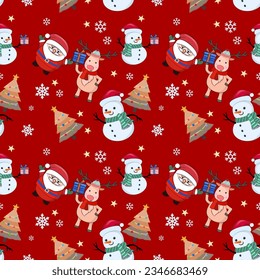 Cute Santa Claus, snowman, Christmas tree, deer and gift box seamless pattern for fabric textile wallpaper