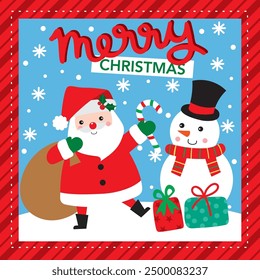 Cute Santa Claus and Snowman For Christmas Card or Bag design