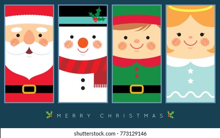 Cute santa claus, snowman, christmas elf and angel in flat design. Vector christmas character. Christmas greeting template design for label, tag, bookmark, card or print.