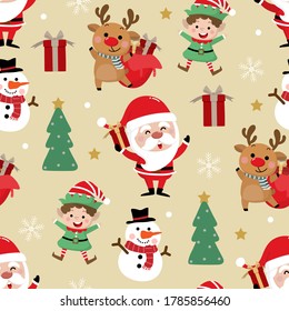 Cute Santa Claus, snowman, deer, gift, little elf and Christmas tree seamless pattern. Cartoon holidays background.