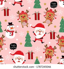 Cute Santa Claus, snowman, deer, gift, and Christmas tree seamless pattern. Cartoon holidays background.