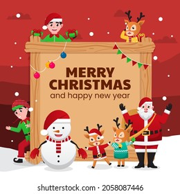 Cute Santa Claus, snowman, deer and elf with big signboard. Merry Christmas and Happy New Year! Holiday greeting card. Isolated vector illustration.
