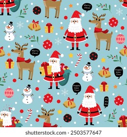 Cute Santa Claus, snowman, deer, gift, candy and Christmas ornament seamless pattern and background. Cartoon holidays background. -Vector