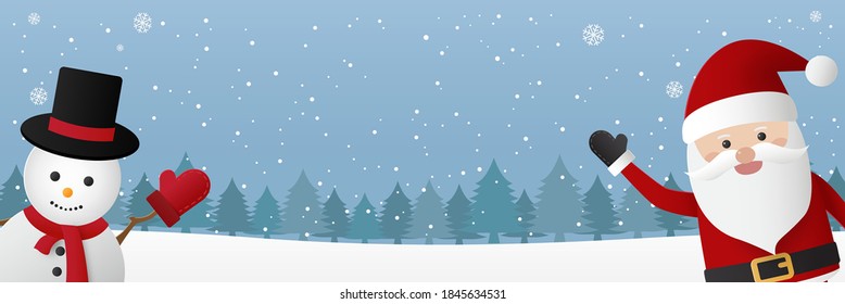 Cute Santa Claus and snowman with forest landscape. Merry Christmas and Happy New Year theme. Christmas greeting card