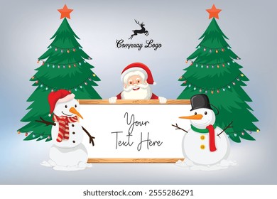 Cute Santa Claus and snowman with forest landscape. Merry Christmas and Happy New Year theme. Christmas greeting card