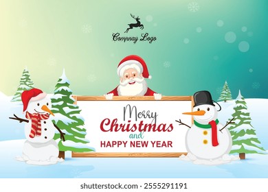 Cute Santa Claus and snowman with forest landscape. Merry Christmas and Happy New Year theme. Christmas greeting card