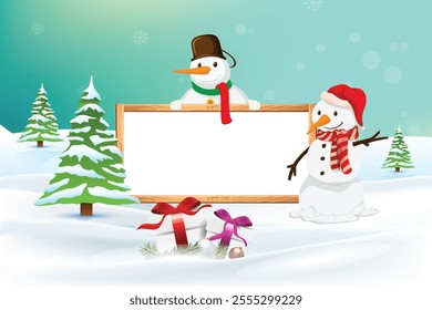 Cute Santa Claus and snowman with forest landscape. Merry Christmas and Happy New Year theme. Christmas greeting card