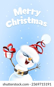 Cute Santa Claus snowman cute girl with gift box raised her hands up and enjoys the winter snowfall