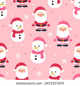 Cute Santa Claus and Snowman hand drawn vector illustration. Funny Pink Christmas Pattern in flat style seamless pattern for kids fabric or wallpaper.