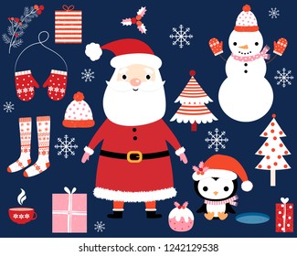 Cute Santa Claus, snowman, penguin, mittens and stockings set for Christmas greeting cards