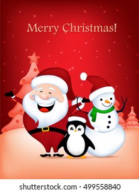 cute santa claus snowman and penguin wishing a merry christmas greeting card