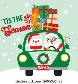 Cute Santa Claus and Snowman vector For Christmas Card or Bag design