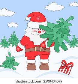 Cute Santa Claus in snowy landscape holding fir tree in one hand. Christmas vector illustration for children's development, print, poster.