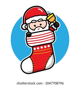 Cute santa claus in sock cartoon character illustration christmas vector concept 