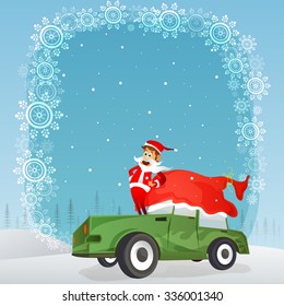 Cute Santa Claus standing on a car on beautiful snowflakes decorated winter background for Merry Christmas celebration.