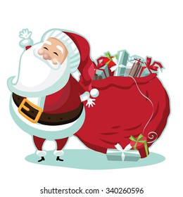 Cute Santa Claus standing in the snow with a bag of gifts. EPS 10 vector royalty free illustration.