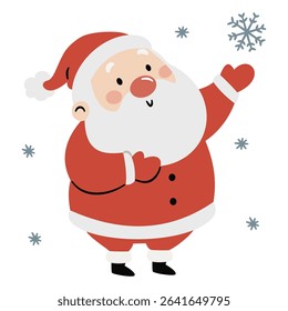 Cute Santa Claus standing under the snow and holding a snowflake. Flat vector illustration on white background in simple child style