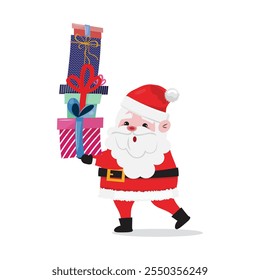 Cute Santa Claus struggling with a stack of gift boxes, cartoon vector in flat style, cheerful and festive