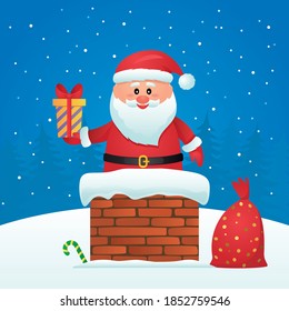 Cute santa claus stuck in the chimney with a gift near a full bag of gifts on a forest background. vector illustration. festive christmas card