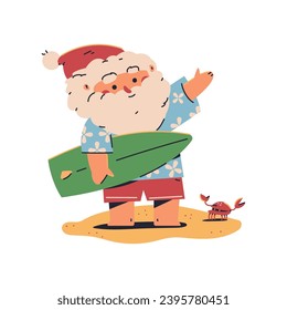 Cute Santa Claus with surfboard vector Christmas cartoon character.