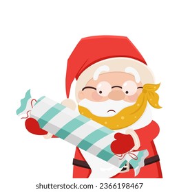 Cute Santa Claus sweet tooth with huge candy and wrapped tooth. Tooth ache and sweets. Christmas, New Year coloured vector illustration. Collection of Santa in cartoon style. Humour