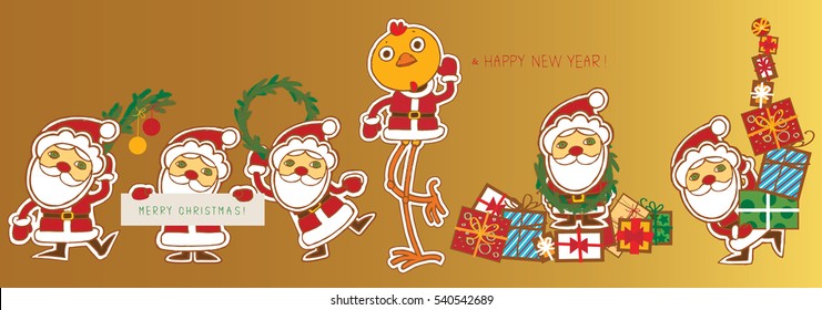 Cute Santa Claus and symbol of year Rooster congratulate. Merry Christmas & Happy New Year!. Many present`s boxes. Cute cartoon card or cover. Hand drawn modern flat style. Gold background