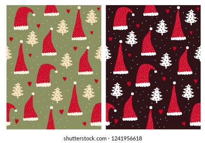 Cute Santa Claus Top Hats Vector Pattern. Red Hats with Bright Pom Poms. Red Hearts Among Hats.Green and Claret Backgrounds.White and Beige Christmas Trees with Green Stars. Adorable Infantile Design.