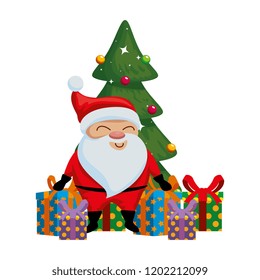 cute santa claus with tree and gifts