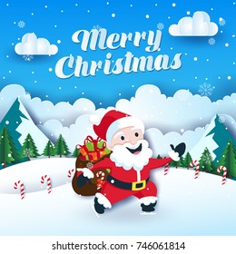 Cute Santa Claus Trip To Give Present Christmas And Happy New Year Paper Art Card Illustration