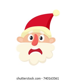 Cute Santa Claus, upset, confused facial expression, cartoon vector illustration isolated on white background. Old man emoji face, concerned, confused frustrated.