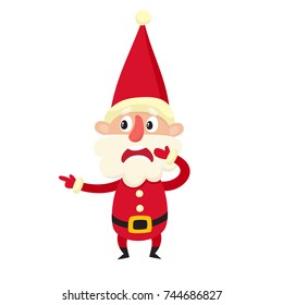 Cute Santa Claus, upset, confused facial expression, cartoon vector illustration isolated on white background. Old man emoji face, concerned, confused frustrated.