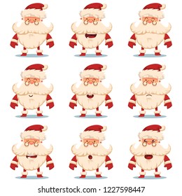 Cute Santa Claus vector cartoon character set with different emotions. Christmas decorative elements and icons isolated on white background.